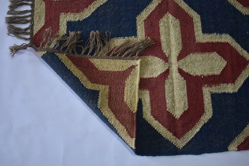 Handwoven Wool Jute Kilim Area Rug – Navy Blue & Rust Southwestern Geometric Flatweave Rug with Fringe for Living Room
