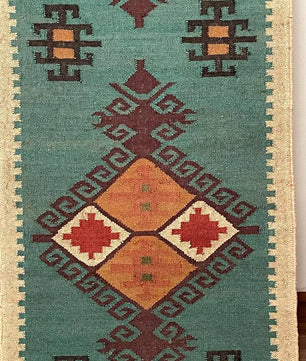 Handwoven Teal Wool Jute Kilim Runner Rug – Geometric Tribal Reversible Flatweave Dhurrie for Hallway & Entryway
