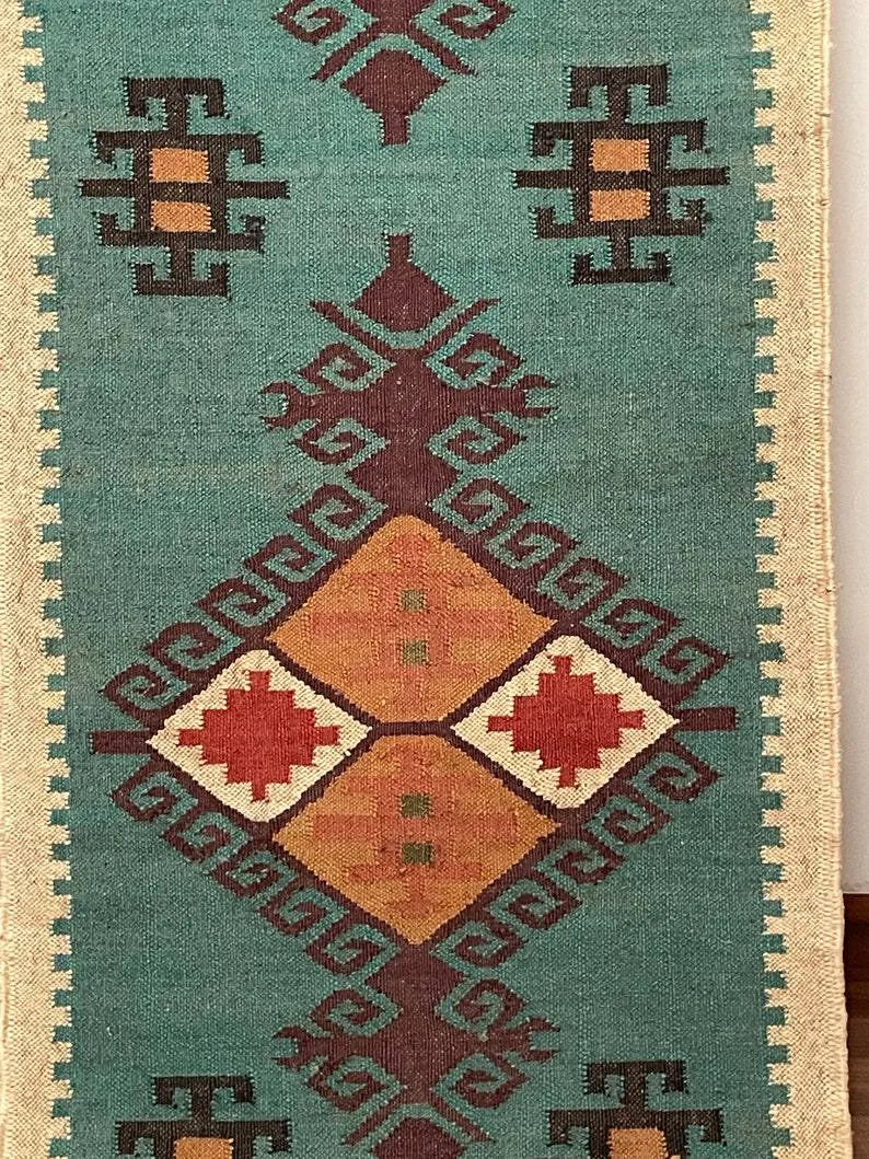 Handwoven Teal Wool Jute Kilim Runner Rug – Geometric Tribal Reversible Flatweave Dhurrie for Hallway & Entryway