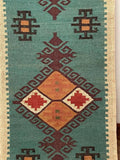 Handwoven Teal Wool Jute Kilim Runner Rug – Geometric Tribal Reversible Flatweave Dhurrie for Hallway & Entryway