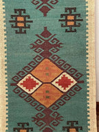 Handwoven Teal Wool Jute Kilim Runner Rug – Geometric Tribal Reversible Flatweave Dhurrie for Hallway & Entryway