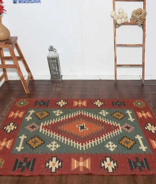 Handwoven Wool Jute Kilim Area Rug – Rust Green Southwestern Geometric Flatweave Rug with Fringe, Tribal Boho Rug for Living Room