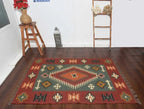 Handwoven Wool Jute Kilim Area Rug – Rust Green Southwestern Geometric Flatweave Rug with Fringe, Tribal Boho Rug for Living Room
