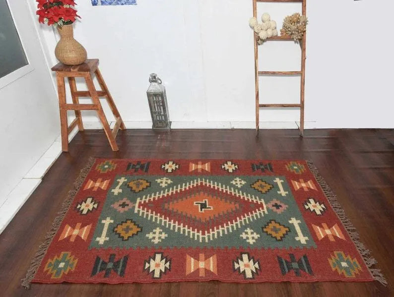 Handwoven Wool Jute Kilim Area Rug – Rust Green Southwestern Geometric Flatweave Rug with Fringe, Tribal Boho Rug for Living Room