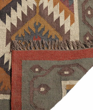 Handwoven Wool Jute Kilim Area Rug – Southwestern Tribal Diamond Flatweave Rug, Terracotta Sage & Cream