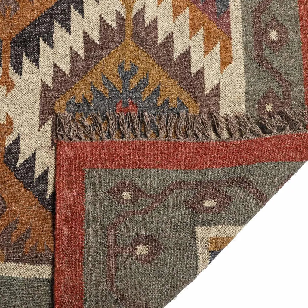 Handwoven Wool Jute Kilim Area Rug – Southwestern Tribal Diamond Flatweave Rug, Terracotta Sage & Cream
