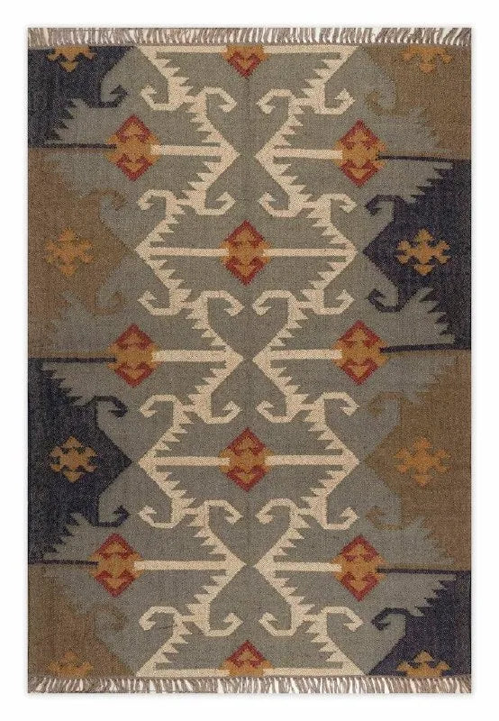 Handmade Wool Jute Southwestern Kilim Area Rug with Neutral Tribal Geometric Pattern | Flatweave Boho Farmhouse Living Room Rug
