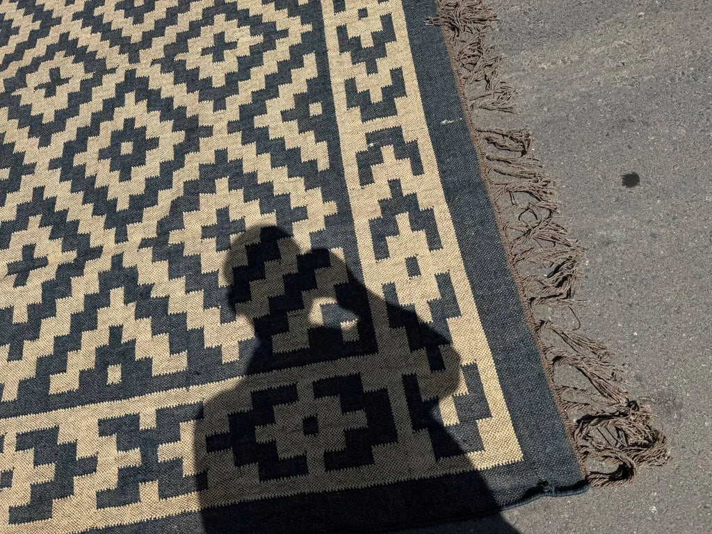 Handwoven Black Beige Aztec Kilim Rug | Handmade Wool Jute Tribal Flatweave Area Rug for Living Room, Bedroom & Farmhouse Decor
