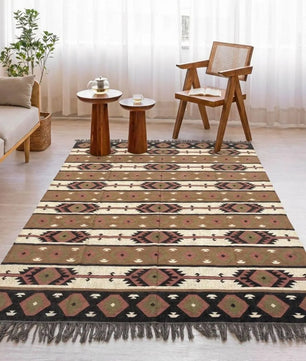 Handwoven Southwestern Navajo Kilim Rug | Handmade Wool Jute Tribal Area Rug, Boho Flatweave Dhurrie for Living Room Bedroom