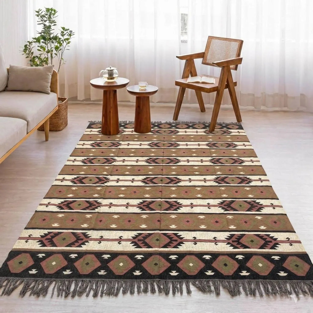 Handwoven Southwestern Navajo Kilim Rug | Handmade Wool Jute Tribal Area Rug, Boho Flatweave Dhurrie for Living Room Bedroom