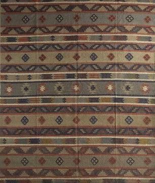 Handmade Striped Wool Jute Area Rug – Tribal Kilim Flatweave Rug with Fringe, Rustic Beige & Rust Geometric Decor