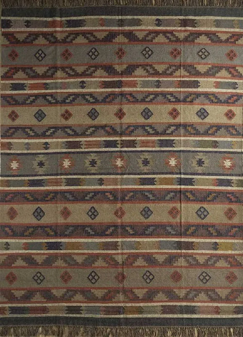 Handmade Striped Wool Jute Area Rug – Tribal Kilim Flatweave Rug with Fringe, Rustic Beige & Rust Geometric Decor