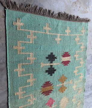 Handwoven Wool Jute Kilim Rug, Teal Tribal Area Rug, Handmade Flatweave Dhurrie Carpet, Boho Geometric Living Room Rug with Fringe