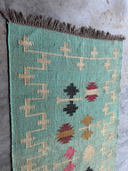 Handwoven Wool Jute Kilim Rug, Teal Tribal Area Rug, Handmade Flatweave Dhurrie Carpet, Boho Geometric Living Room Rug with Fringe