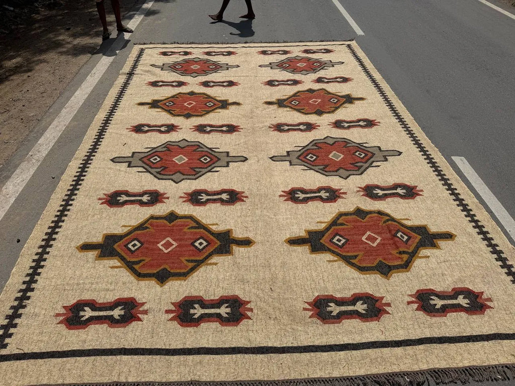 Handwoven Southwestern Kilim Rug | Handmade Wool Jute Tribal Area Rug, Rustic Flatweave Geometric Dhurrie for Living Room Bedroom