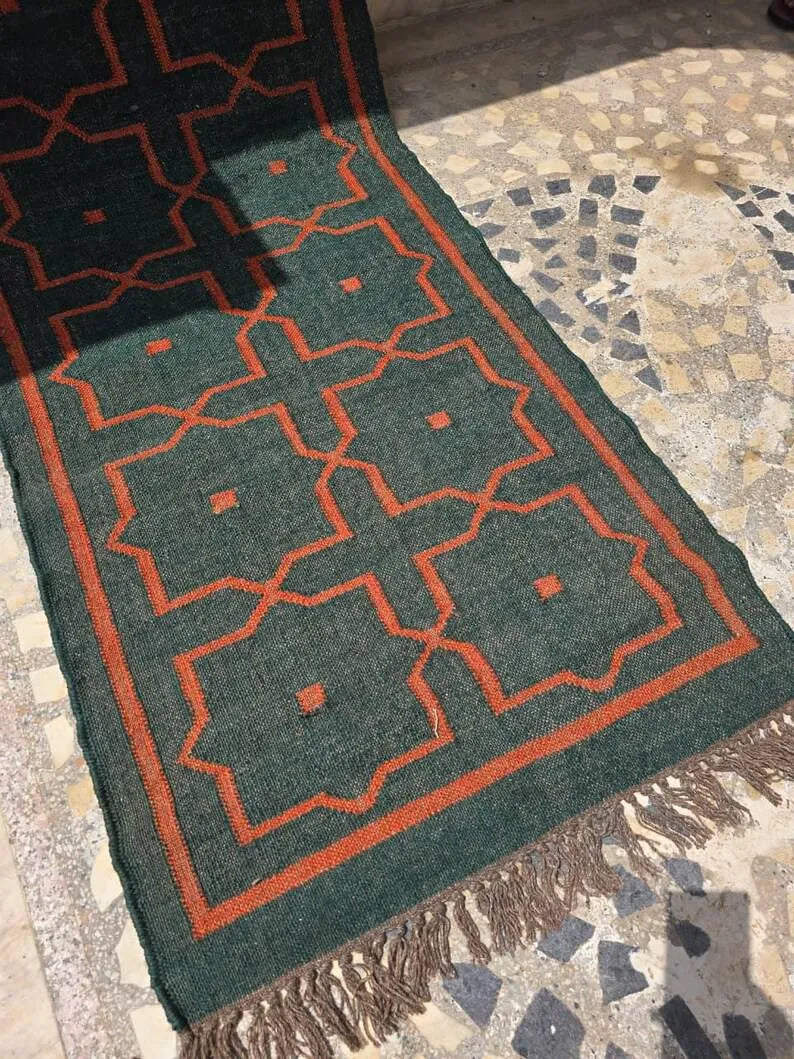 Handmade Geometric Kilim Runner – Deep Green & Rust Orange