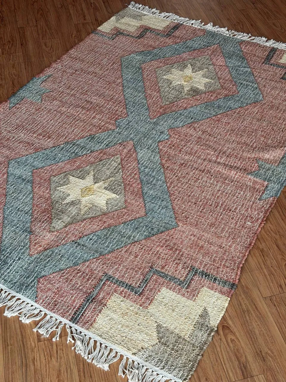 Jute Cotton Blend Area Rug – Dusty Rose & Blue Geometric Motifs