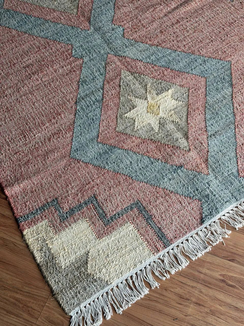 Jute Cotton Blend Area Rug – Dusty Rose & Blue Geometric Motifs