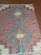 Jute Cotton Blend Area Rug – Dusty Rose & Blue Geometric Motifs
