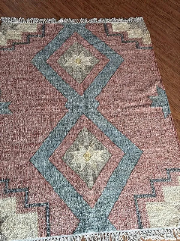 Jute Cotton Blend Area Rug – Dusty Rose & Blue Geometric Motifs