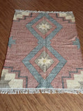 Jute Cotton Blend Area Rug – Dusty Rose & Blue Geometric Motifs