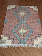 Jute Cotton Blend Area Rug – Dusty Rose & Blue Geometric Motifs