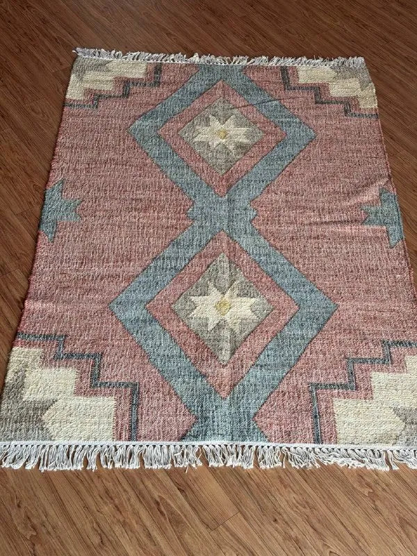 Jute Cotton Blend Area Rug – Dusty Rose & Blue Geometric Motifs