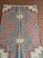 Jute Cotton Blend Area Rug – Dusty Rose & Blue Geometric Motifs