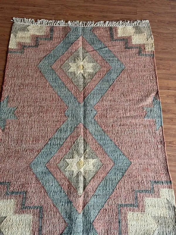 Jute Cotton Blend Area Rug – Dusty Rose & Blue Geometric Motifs