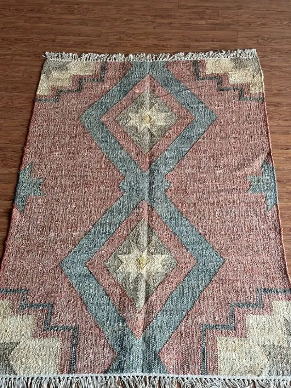 Jute Cotton Blend Area Rug – Dusty Rose & Blue Geometric Motifs