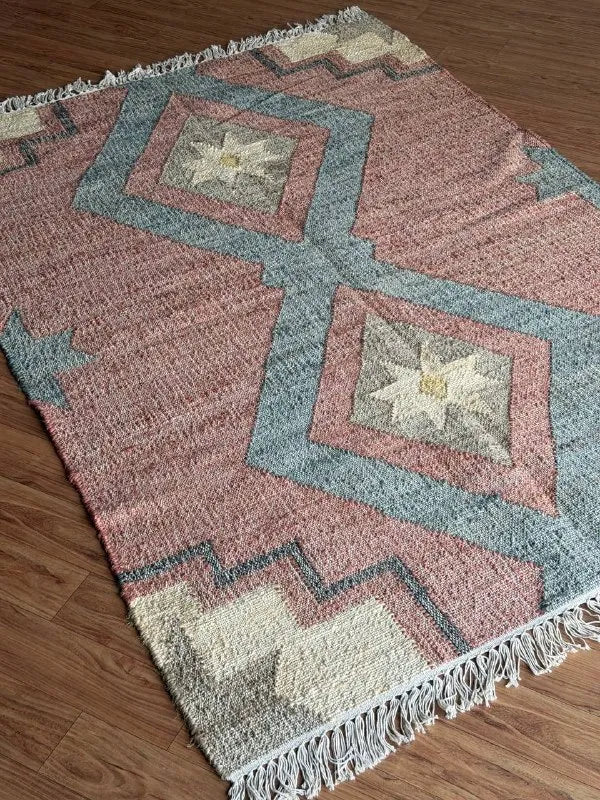 Jute Cotton Blend Area Rug – Dusty Rose & Blue Geometric Motifs