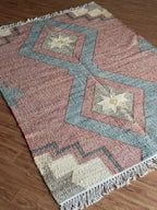Jute Cotton Blend Area Rug – Dusty Rose & Blue Geometric Motifs