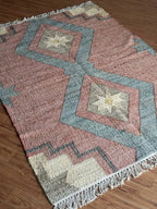 Jute Cotton Blend Area Rug – Dusty Rose & Blue Geometric Motifs