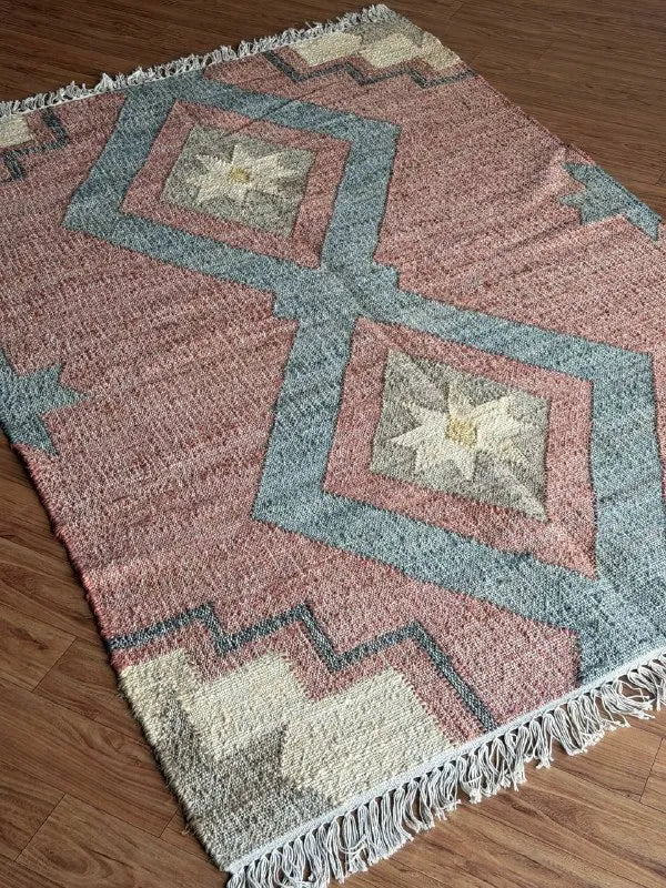 Jute Cotton Blend Area Rug – Dusty Rose & Blue Geometric Motifs