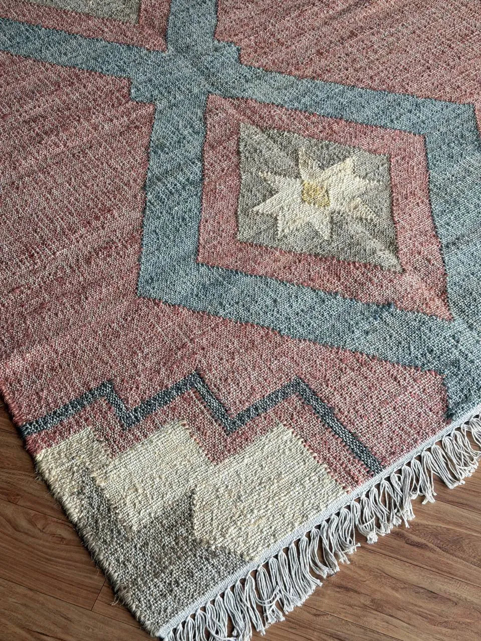 Jute Cotton Blend Area Rug – Dusty Rose & Blue Geometric Motifs
