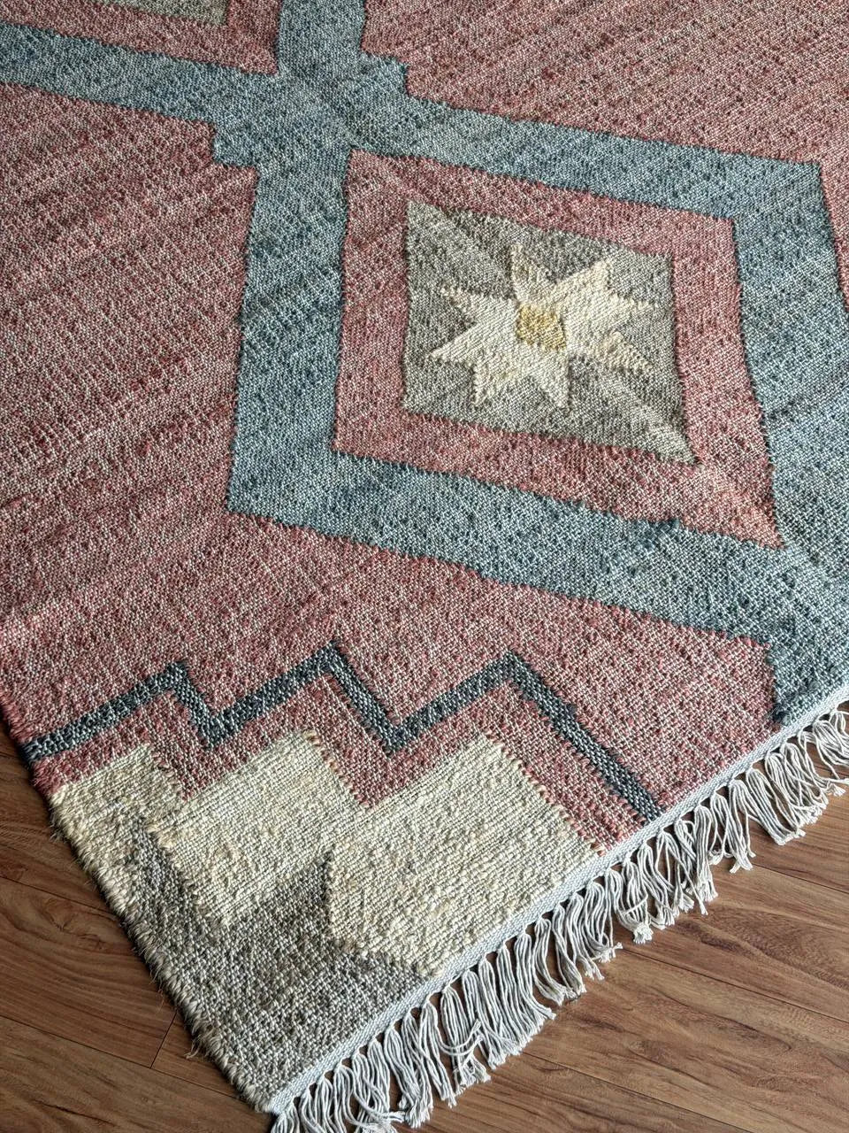 Jute Cotton Blend Area Rug – Dusty Rose & Blue Geometric Motifs