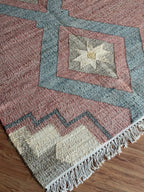 Jute Cotton Blend Area Rug – Dusty Rose & Blue Geometric Motifs