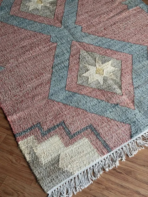 Jute Cotton Blend Area Rug – Dusty Rose & Blue Geometric Motifs
