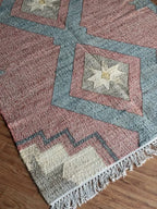 Jute Cotton Blend Area Rug – Dusty Rose & Blue Geometric Motifs