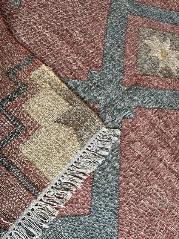 Jute Cotton Blend Area Rug – Dusty Rose & Blue Geometric Motifs