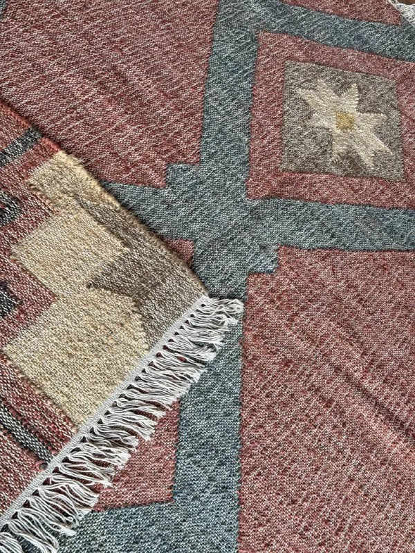 Jute Cotton Blend Area Rug – Dusty Rose & Blue Geometric Motifs