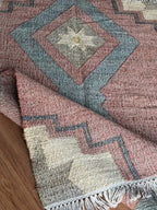 Jute Cotton Blend Area Rug – Dusty Rose & Blue Geometric Motifs