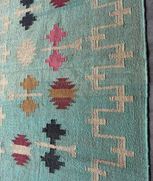 Handwoven Wool Jute Kilim Rug, Teal Tribal Area Rug, Handmade Flatweave Dhurrie Carpet, Boho Geometric Living Room Rug with Fringe