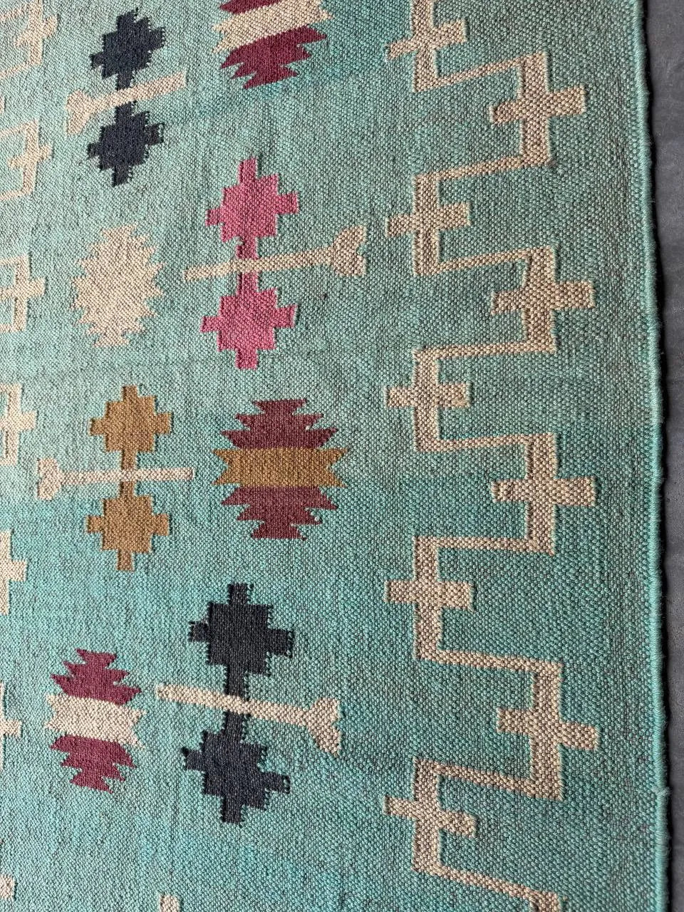 Handwoven Wool Jute Kilim Rug, Teal Tribal Area Rug, Handmade Flatweave Dhurrie Carpet, Boho Geometric Living Room Rug with Fringe