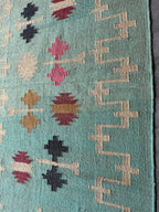 Handwoven Wool Jute Kilim Rug, Teal Tribal Area Rug, Handmade Flatweave Dhurrie Carpet, Boho Geometric Living Room Rug with Fringe
