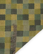 Handmade Checkerboard Wool Jute Area Rug – Green Mustard Geometric Kilim Flatweave Rug for Living Room & Bedroom