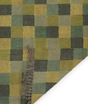 Handmade Checkerboard Wool Jute Area Rug – Green Mustard Geometric Kilim Flatweave Rug for Living Room & Bedroom