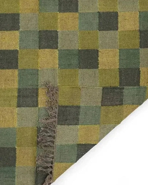 Handmade Checkerboard Wool Jute Area Rug – Green Mustard Geometric Kilim Flatweave Rug for Living Room & Bedroom
