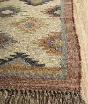 Handmade Wool Jute Kilim Area Rug – Multicolor Southwestern Geometric Flatweave Rug with Fringe, Tribal Boho Rug for Living Room