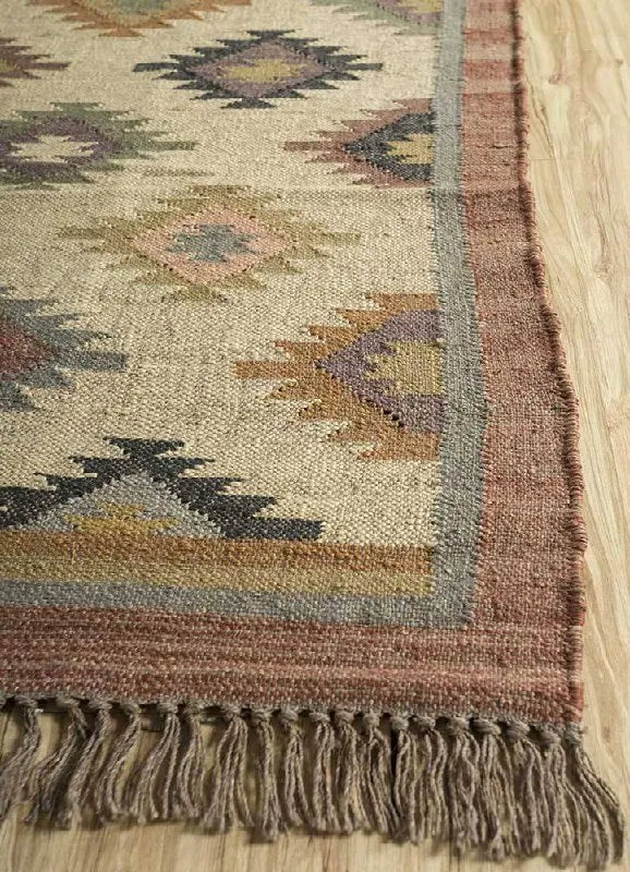 Handmade Wool Jute Kilim Area Rug – Multicolor Southwestern Geometric Flatweave Rug with Fringe, Tribal Boho Rug for Living Room
